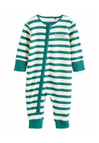 Green and white striped ribbed baby onesie with long sleeves, front zipper, and embroidered “hello” detail on the chest.