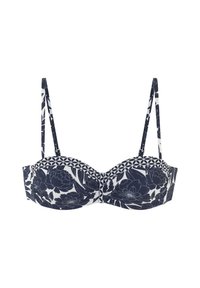 Jūros mėlynumo ir baltos spalvos gėlių rašto bikinio viršus su struktūrizuotu dizainu, reguliuojamomis petnešėlėmis ir paminkštintu, su viela palaikymui.