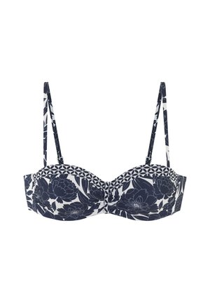 Bikini zgornji del s cvetličnim vzorcem v mornarsko modri in beli barvi, z narejeno strukturo, nastavljivimi naramnicami in podloženim, žičnatim košem za podporo.