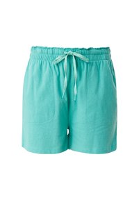 Lekkie, turkusowe szorty z elastycznym paskiem w talii i regulowanym sznurkiem, wyposażone w dwie boczne kieszenie oraz miękką teksturę.