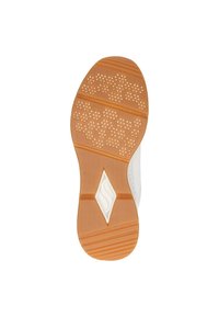Suola di scarpa in gomma con un motivo a nido d'ape, di colore arancione chiaro e con accenti bianchi, superficie liscia con un logo a diamante al centro.