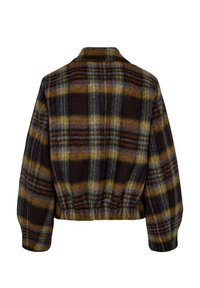 Vue arrière d'une veste en laine avec un motif à carreaux marron, jaune et gris, et une taille et des poignets élastiques.