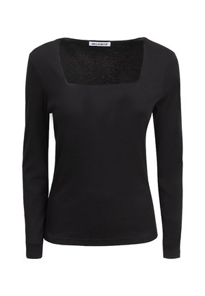 Top nero a maniche lunghe realizzato in tessuto a costine, con scollatura quadrata e design aderente, con cuciture visibili lungo i bordi.