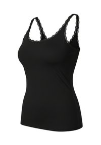 Canotta nera con rifinitura in pizzo lungo la scollatura e le spalline, realizzata in tessuto liscio ed elasticizzato, design aderente, senza decorazioni aggiuntive.