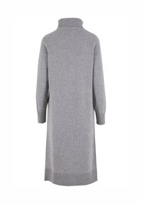 Grau gestricktes Kleid mit einem gerippten Rollkragen und dreiviertel Ärmeln. Es hat einen geraden Schnitt und einen gerippten Saum am Boden.