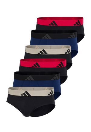Sechs Paar schwarze Herren-Slips mit Taillenbändern in Rot, Schwarz oder Beige, jeweils mit dem Adidas-Logo auf dem Taillenband.
