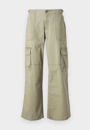 Khaki cargobyxor med avslappnad passform, som har två sidfickor, en framknäppning och vida ben. Tillverkade av bomullstyg med en mjuk textur.