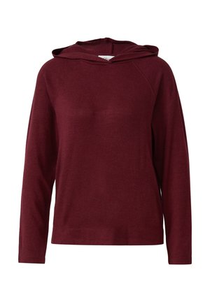 Burgundská mikina z jemného materiálu, s klasickým dizajnom a klokaním vreckom a raglánovými rukávmi. Hladká textura, voľný strih.