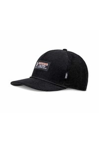 Gorra de pana negra con visera curva, que presenta un parche rectangular etiquetado "DUDES Coffee Club" y una pequeña etiqueta lateral.