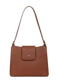Brązowa skórzana torebka o zdefiniowanym kształcie, z klapą, srebrnym zatrzaskiem i pojedynczym paskiem na ramię.