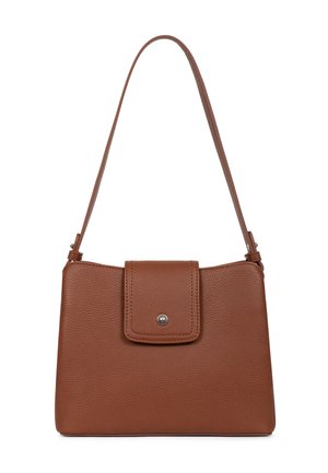 Braune Lederhandtasche mit strukturierter Form, ausgestattet mit einem Klappenverschluss, einem silbernen Druckknopf und einem einzelnen Schulterriemen.