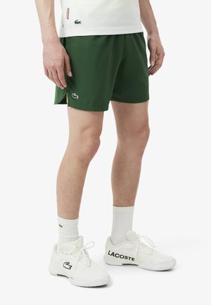Homme portant un short vert Lacoste, des chaussettes blanches Lacoste et des baskets blanches Lacoste, debout devant un fond uni.