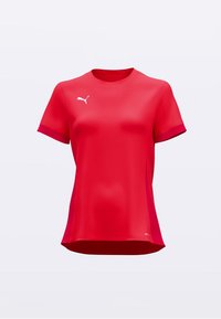 Piros sportos póló kerek nyakkivágással, rövid ujjakkal és enyhén ívelt szegéllyel. Bal mellkasán fehér Puma logóval és kontrasztos díszítésekkel.