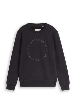 Schwarzes Crewneck-Sweatshirt mit gerippten Bündchen und Saum, mit kreisförmigem Text mit der Aufschrift "Tom Tailor Keep Going You Are Getting There."