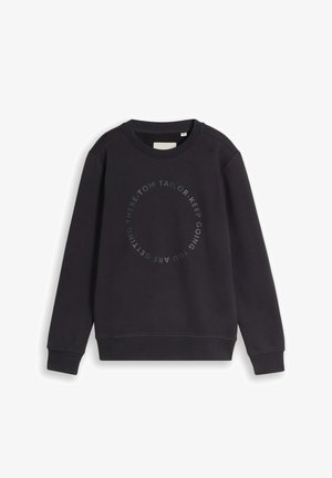 Sweat-shirt noir à col rond avec poignets et ourlet côtelés, comportant un texte circulaire disant "Tom Tailor Keep Going You Are Getting There."