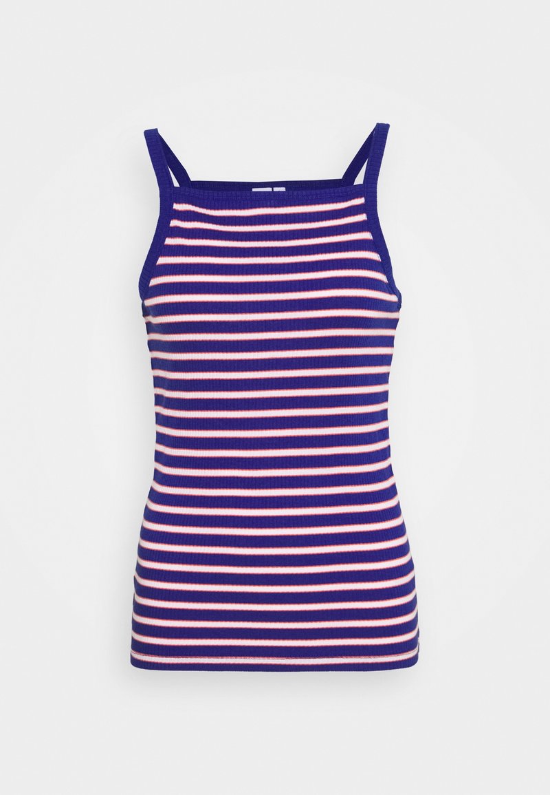Strappy tank top in purple with narrow horizontal white and pink stripes. Made from ribbed fabric, featuring a fitted design.