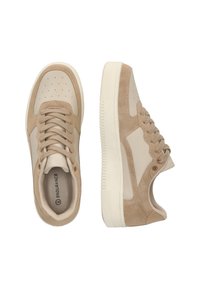 Beige Sneakers aus einer Kombination von glatten und strukturierten Materialien, runder Spitze, durchbrochene Details und Gummisohle.