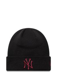 Berretto a maglia nera con risvolto, caratterizzato da un logo ricamato bordeaux dei New York Yankees sul davanti. Texture morbida, design aderente.