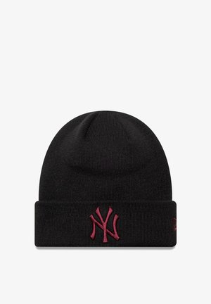 Black knitted beanie with a fold-up cuff, featuring a maroon embroidered New York Yankees logo on the front. Soft texture, fitted design.