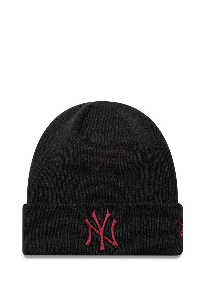 Berretto a maglia nera con risvolto, caratterizzato da un logo ricamato bordeaux dei New York Yankees sul davanti. Texture morbida, design aderente.
