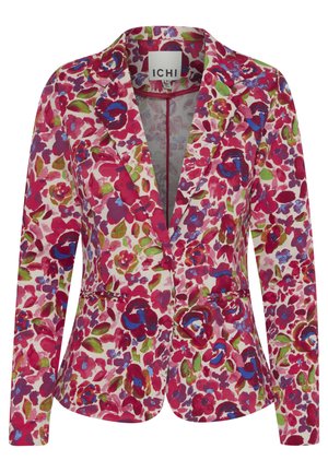 Floral blazer in pink fabric featuring vibrant multicolored flowers, a notched collar, and a fitted silhouette with two front pockets.
