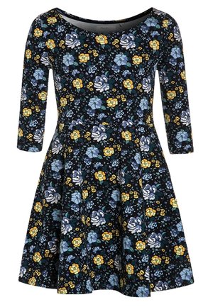Robe fleurie à manches longues, fond noir, avec des fleurs jaunes, bleues et blanches. Silhouette en A, col rond, design décontracté.