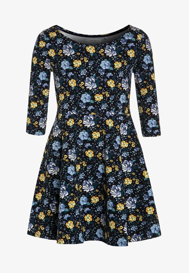 Kwiatowa sukienka z długimi rękawami, na czarnym tle, z żółtymi, niebieskimi i białymi kwiatami. Sylwetka w kształcie litery A, okrągły dekolt, casualowy design.