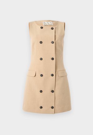 Barna len anyagú ujjatlan ruha, testhez simuló, dupla soros gombolású, fekete gombokkal és két oldalsó zsebbel.