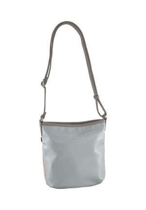 Grijze faux leren crossbody tas met een soepel textuur, verstelbare schouderband en een minimalistisch ontwerp. Heeft een contrasterend lichtbruine zijpaneel.