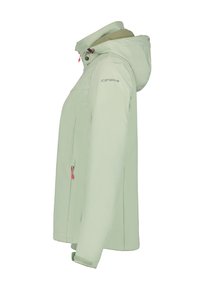 Giacca impermeabile verde chiaro con cappuccio, dotata di zip rosa e superficie liscia. Include tasche laterali.
