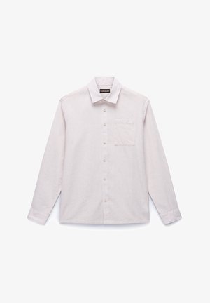 Chemise à manches longues rayée en crème clair et rose, dotée d'un col boutonné, de boutons sur le devant et d'une poche poitrine.