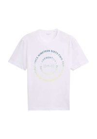 T-shirt en coton blanc avec un motif graphique circulaire en bleu et vert, accompagné du texte "Depuis mille neuf cent soixante-deux" et de l'étiquette "Authentique".