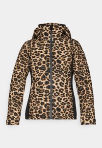 Jasje met luipaardprint, voorzien van een zwarte ritssluiting, capuchon en zijkanten; gemaakt van een gladde stof met een gestructureerde uitstraling.