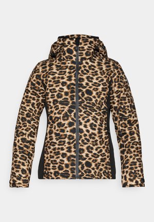 Kabát s leopardím potiskem, černým zipem, kapucí a bočními panely; vyroben z hladkého materiálu s texturovaným vzhledem.