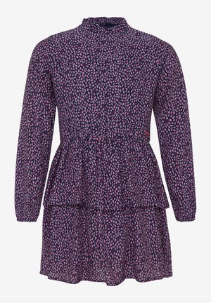 Vestido azul marino de manga larga con un patrón irregular de puntos en rosa y azul, cintura fruncida, cuello alto y falda con capas en volantes.