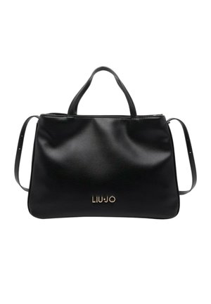 Borsa Liu Jo nera con due manici corti, tracolla regolabile e texture in pelle liscia, logo in tonalità oro al centro anteriore.