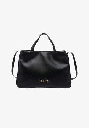 Borsa Liu Jo nera con due manici corti, tracolla regolabile e texture in pelle liscia, logo in tonalità oro al centro anteriore.