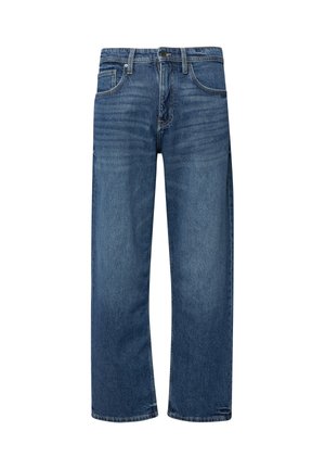 Jean denim bleu moyen à jambes droites avec poches avant et arrière, passants pour ceinture, et fermeture par bouton et fermeture éclair.