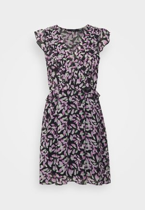 Schwarzes knielanges Kleid mit pinkem und grünem Blattmuster, kurzen Flatterärmeln, V-Ausschnitt und tailliert mit Rüschendetails.