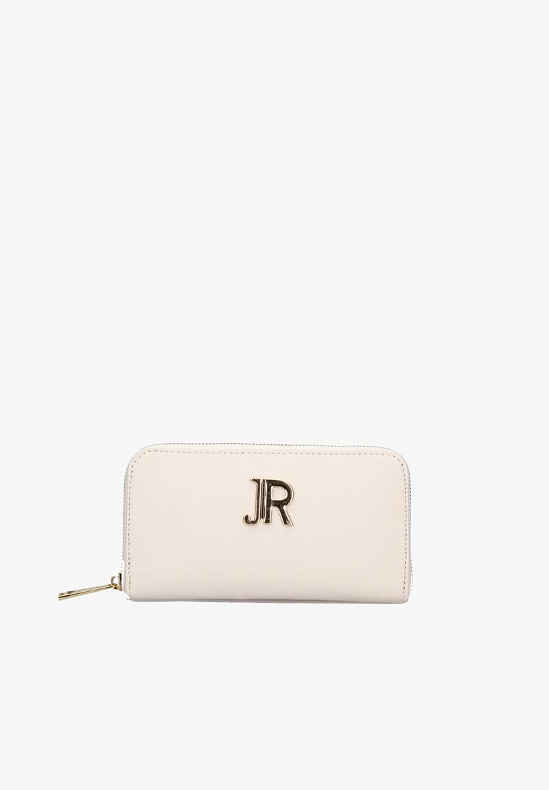 Witte leren portemonnee met ritssluiting rondom, met gouden JR-logo en gouden ritstrekker, getoond op een witte achtergrond.
