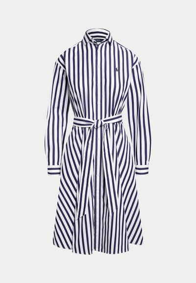 Langärmliges Hemdblusenkleid mit navyblauen und weißen vertikalen Streifen, Kragen, tailliert mit gebundenem Gürtel und ausgestelltem Rock.