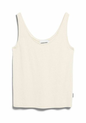 Cremefarbener ärmelloser Tanktop mit Rundhalsausschnitt und einem angenähten Stofflabel am Halsausschnitt und an der Seitennaht.