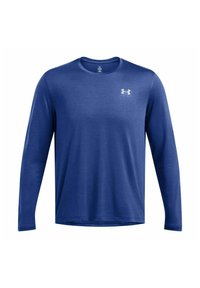 Camiseta de manga larga azul hecha de tejido ligero. Presenta un cuello redondo y un pequeño logotipo blanco en el lado izquierdo del pecho. Superficie texturizada.