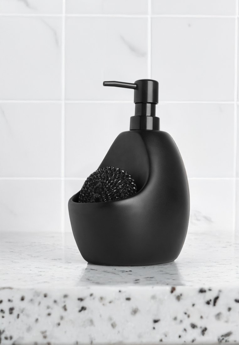 Distributeur de savon liquide noir en plastique mat, doté d'une forme ergonomique avec un compartiment intégré pour une éponge noire texturée.