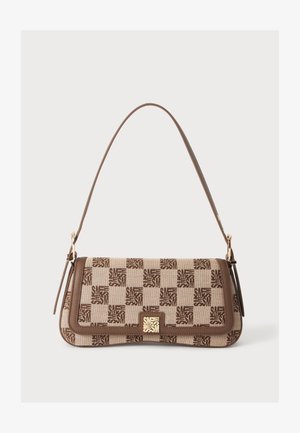 Brown and beige shoulder bag with checkered pattern and repeating "SM" logo, rectangular shape, and a gold square buckle on front flap.
