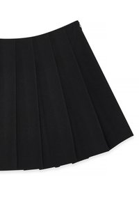 Black pleated skirt with a smooth texture; features a side zipper and multiple evenly spaced pleats for a structured silhouette.