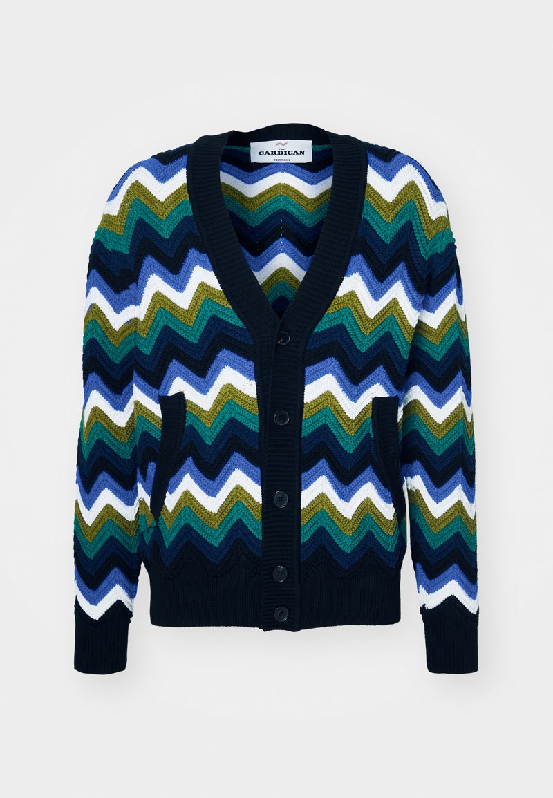 Cardigan lavorato a maglia multicolore con motivo a zigzag nei colori navy, verde, bianco e blu, caratterizzato da scollo a V, bottoni e tasche.