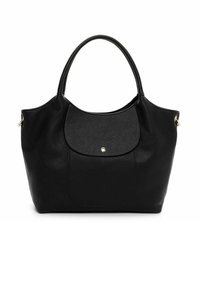 Must mustriga nahast kott tekstuuriga pinnaga, ümarate külgedega, kahe tugeva sangaga ja esimesel klapil väikese kuldse neetiga.