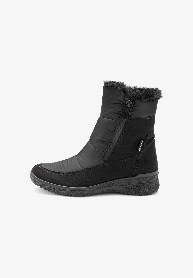 Botines negros que presentan una combinación de materiales lisos y texturizados, cierre con cremallera lateral y un borde de piel sintética en la parte superior.