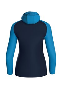Capuchonjack met een marineblauwe romp en felblauwe mouwen, voorzien van een gestructureerde capuchon en een gladde stof, ontworpen voor actieve wear.
